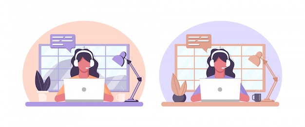 Hausarbeitskonzept auf lokalisiertem weißem Hintergrund. Ein Mädchen mit Kopfhörern sitzt an einem Tisch und arbeitet als Operator, beantwortet Nachrichten in einem Callcenter. Stock Grafiken für Dizan Site und Anwendung