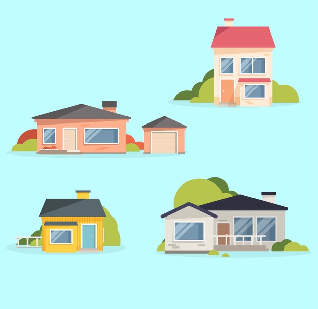 Hausbau-Vektor-Ikonen Dorfhaus Cottage und Villa Herrenhaus Bungalow und Stadthaus
