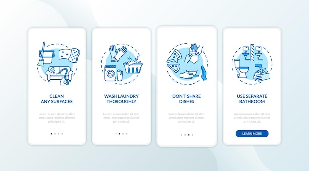 Haushaltsberatung beim onboarding der mobilen app-seite mit konzepten. oberflächen reinigen, gründlich waschen walkthrough 4 schritte grafische anleitung. ui-vektorvorlage mit rgb-farbabbildungen