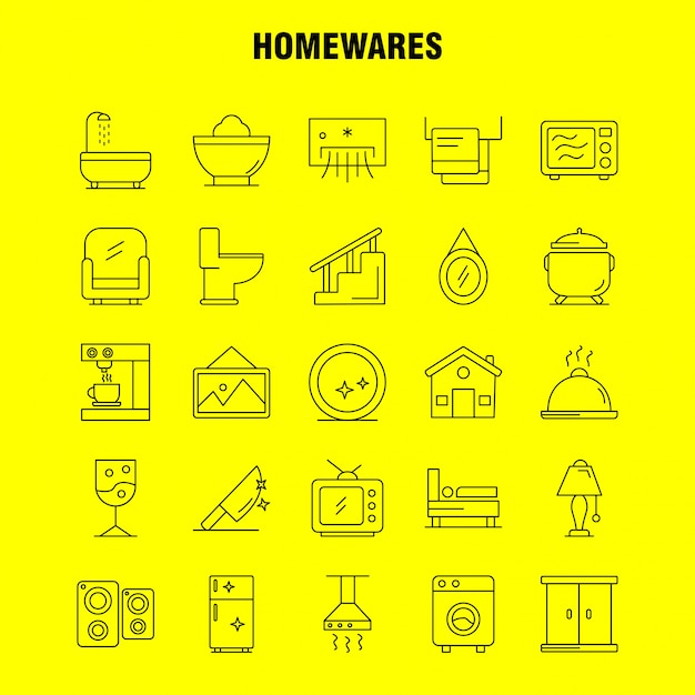 Haushaltswaren linie icons set: haushaltsgeräte, haus, haushaltswaren, haus, pfanne, badezimmer, möbel