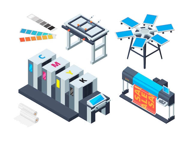 Hausmaschine drucken. digitaler laserdrucker tintenplotter verschiedene druckwerkzeuge isometrische bilder