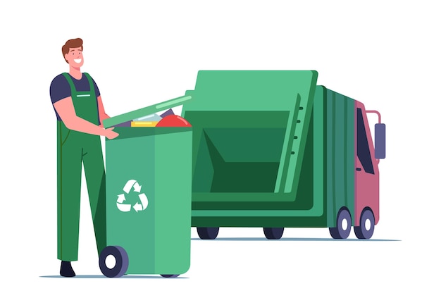 Hausmeister männlicher charakter, der recyclingbehälter mit einstreu zur trennung lädt for