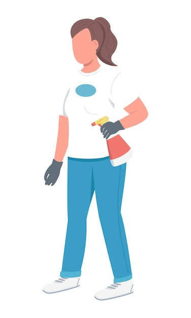 Hausmeisterin halbflache farbvektorfigur stehende figur ganzkörperperson auf weiß putzfrau mit reinigungsmittel einfache cartoon-stil illustration für webgrafikdesign und animation