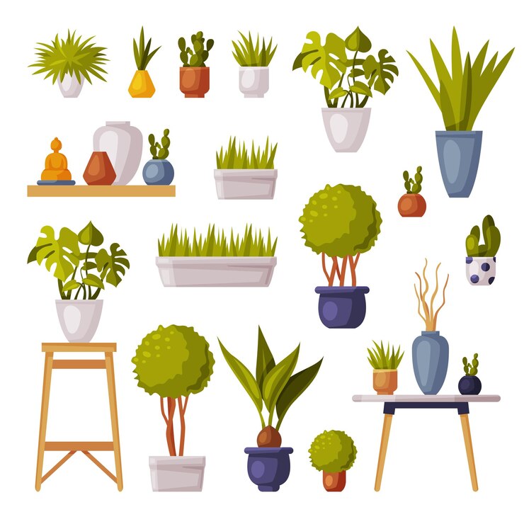 Vektor hauspflanzen-sammlung topfpflanzen und vase für bürozimmerdekoration cartoon-stil vektorillustration auf weißem hintergrund