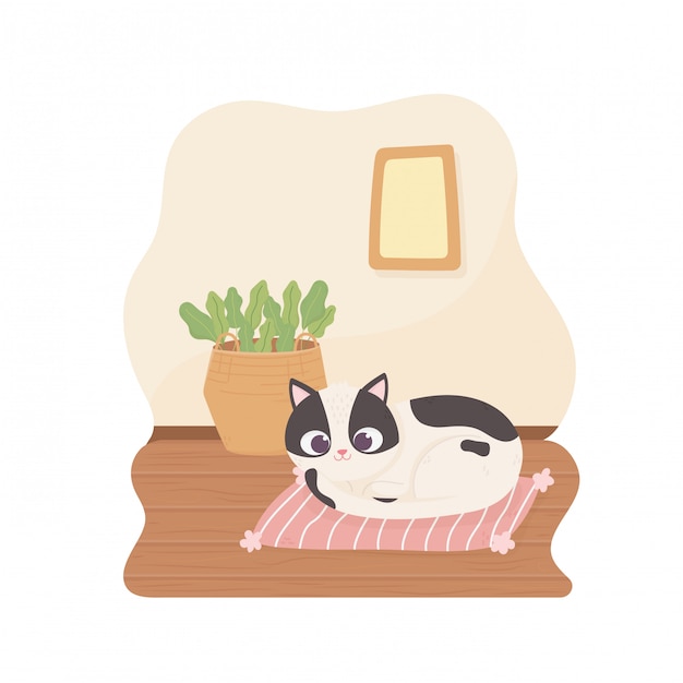Haustierkatze, die auf Kissenkorb mit Betriebskarikaturillustration stillsteht