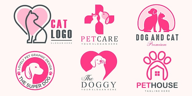 Haustierpflege-icon-set-logo mit hunde- und katzensilhouette-symbol für das geschäft der veterinärklinik