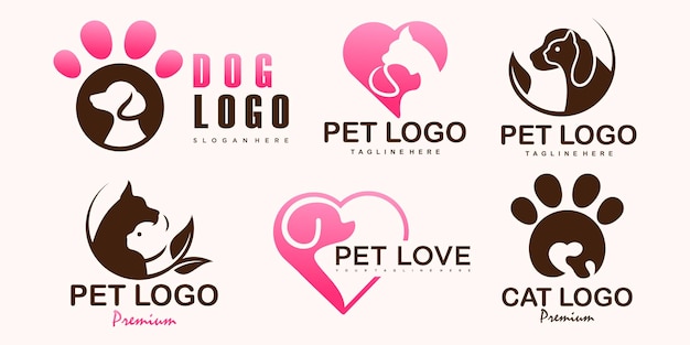 Haustierpflege-icon-set-logo mit hunde- und katzensilhouette-symbol für das geschäft der veterinärklinik