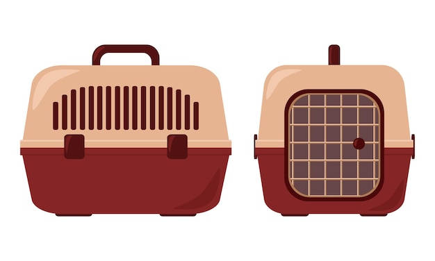 Haustierträger auf beiden seiten. roter und beiger käfig. tragbarer behälter für den tiertransport.