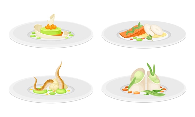 Haute Cuisine oder Grande Cuisine mit sorgfältiger Zubereitung von Speisen und Servieren auf dem Teller Seitenansicht Vektor-Set