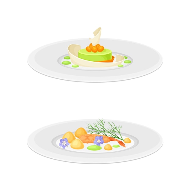 Haute oder Grande Küche mit sorgfältiger Zubereitung von Speisen und Servieren auf dem Teller mit schickem Garniss-Vektor-Set