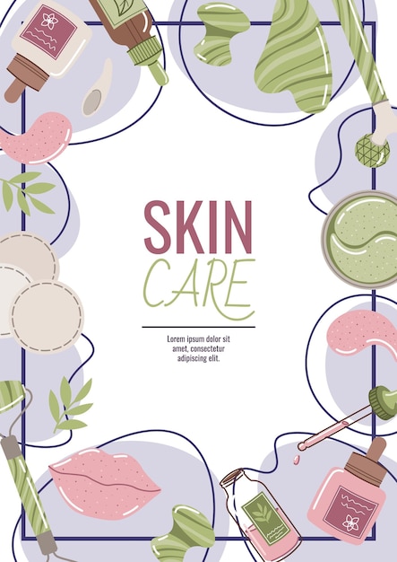 Hautpflege-Flyer-Design Poster mit kosmetischen Produkten Gesichtsmaske Gua Sha-Serum Gesichtshautpflege Hautfeuchtigkeitsmittel Banner für Schönheitssalons, Spa usw.