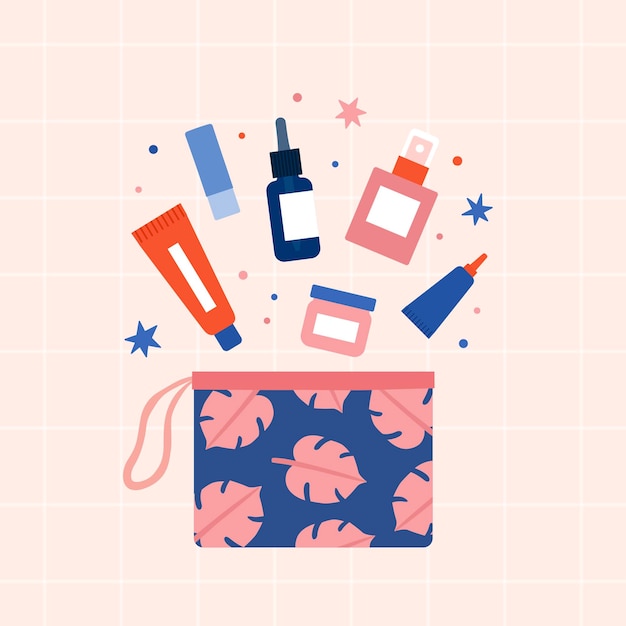 Hautpflege in Kosmetiktasche Beauty-Produkte Vektor-Illustration