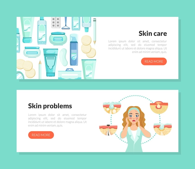 Vektor hautpflege und probleme landing page vorlage schönheitssalon und pflege kosmetik webseite mobile app homepage vektorillustration