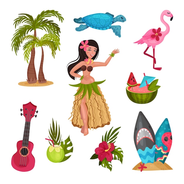 Hawaii-symbole gesetzt. mädchen in traditioneller tracht, eine blaue schildkröte, ein rosa flamingo, ein cocktail in einer kokosnuss- und wassermelonenpalme und surfbretter. vektorillustration auf weißem hintergrund