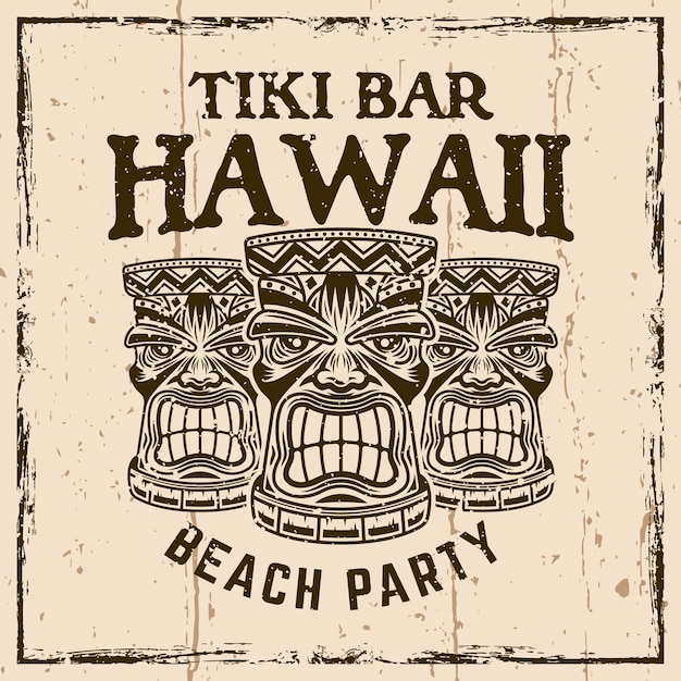 Vektor hawaiian tiki holzköpfe vektor vintage emblem abzeichen label logo oder t-shirt druck illustration auf hintergrund mit grunge-texturen und rahmenvektorillustration