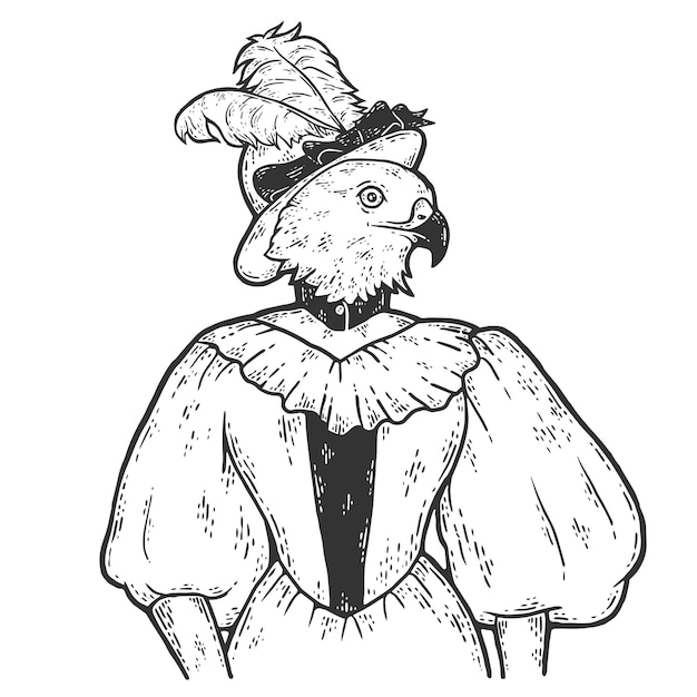 Hawk viktorianische Dame Frau in Hut und Anzug Tierische Modefigur Handgezeichnete Skizze