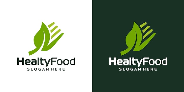 Health Food-Logo-Design-Vorlage Blatt-Logo mit Löffel-Gabel-Design Grafikvektor