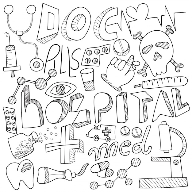 Vektor healthcare doodle, mit schwarz-weiß business-zeichen, symbole und icons.