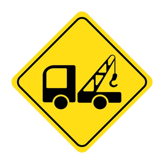 Hebekran-lkw-symbol auf gelbem hintergrund verkehrsschild baumaschinensymbol