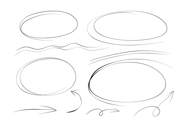 Heben sie ovale rahmen, pfeile und linien hervor. handgezeichneter scribble-doodle-kreissatz. ovale linie