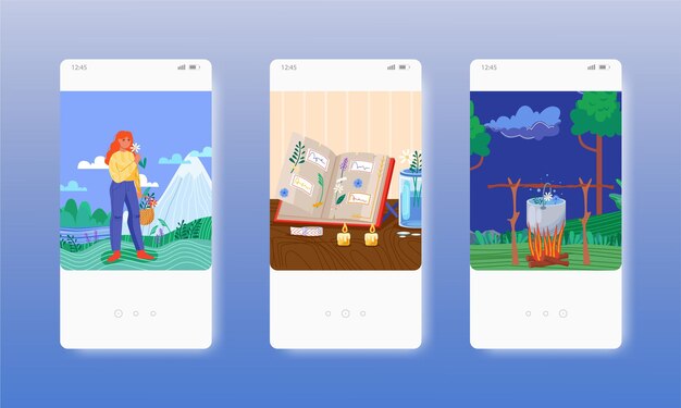 Heiler sammelt kräuter zaubertrank okkultismus mobile app-bildschirme vektor-website-banner-vorlage ui w