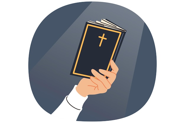 Heilige Bibel in der Hand eines Mannes, der Gebete und Gebote liest, mit christlichem Kreuz auf dem Cover