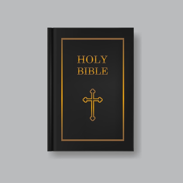 Heilige Bibel in einem schwarzen Hardcover Realistische geschlossene vertikale Buchvorlage Religionsbuchmodell