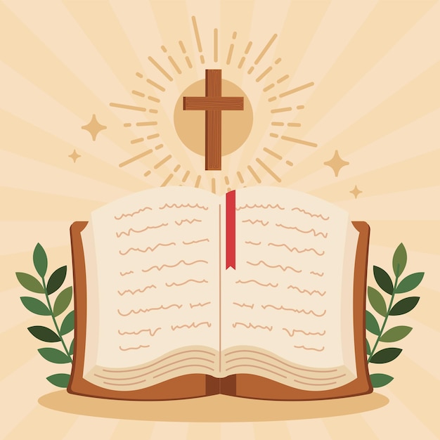 Heilige Bibel mit Kreuzikone im flachen Stil