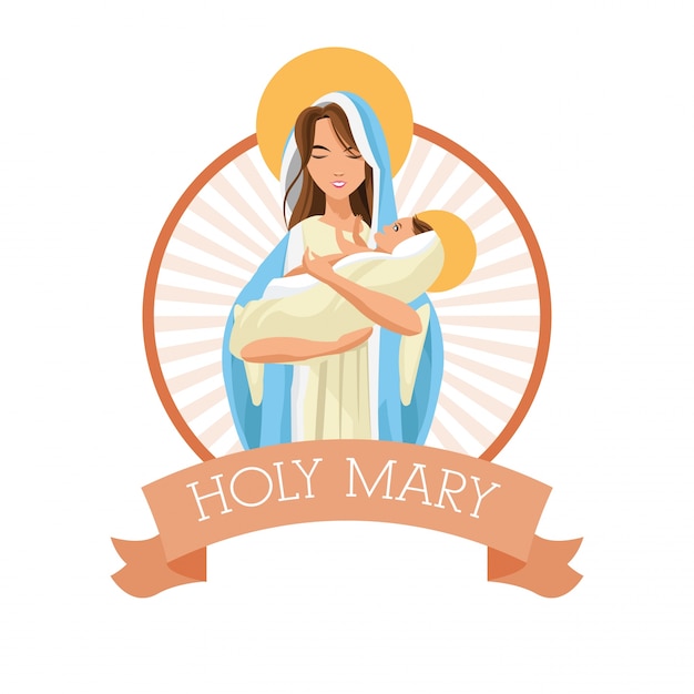 Vektor heilige maria-mädchen-baby-jesus-karikatur-religionsheilige ikone