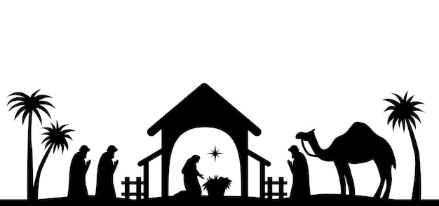 Vektor heilige nacht der geburt des kindes jesus christus silhouette szene aus der religion christentum krippe. biblische religionsgeschichte der katholiken. für scrapbooking und druck ausschneiden. vektor-illustration.