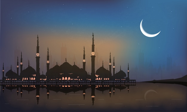 Vektor heiliger monat des ramadan. stadtbild nacht hintergrund