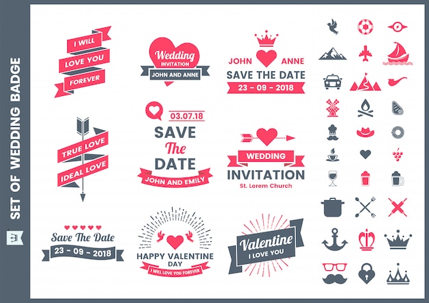 Heiratender retro- romantischer ausweis, ikonen und elementsatz für san-valentinsgruß