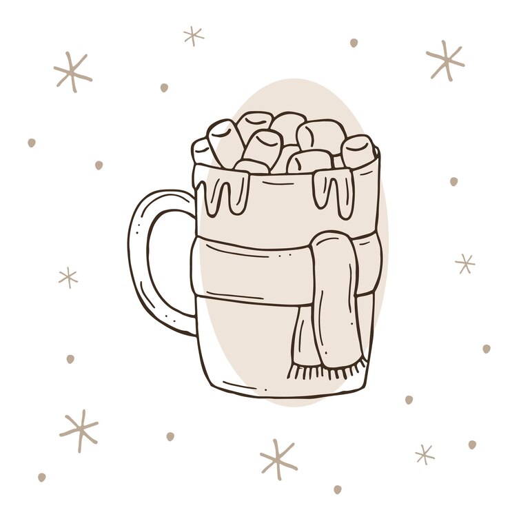 Heiße Schokolade in einer Tasse mit Schal Warmer Kakao mit Marshmallows mit Schneeflocken Vektorgrafik im Doodle-Stil Winterstimmung Hallo 2023 Frohe Weihnachten und ein gutes neues Jahr