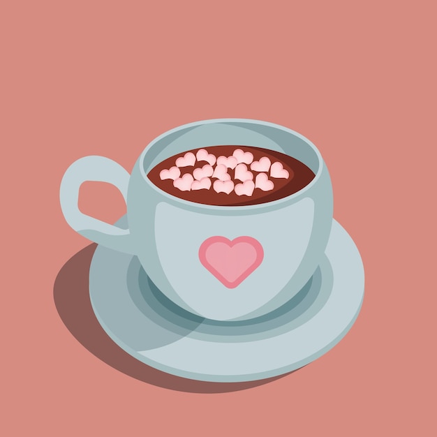 Heiße schokoladentasse mit marshmallows eine blaue tasse kakao mit rosafarbener herzverzierung vektorillustrationen der liebesgrußkarte isolierte designelemente