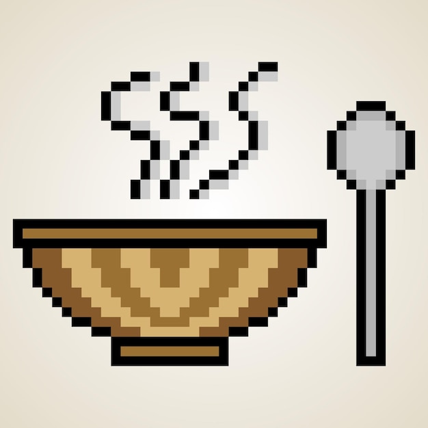 Heiße suppe mit löffel in pixelkunst. vektor-illustration