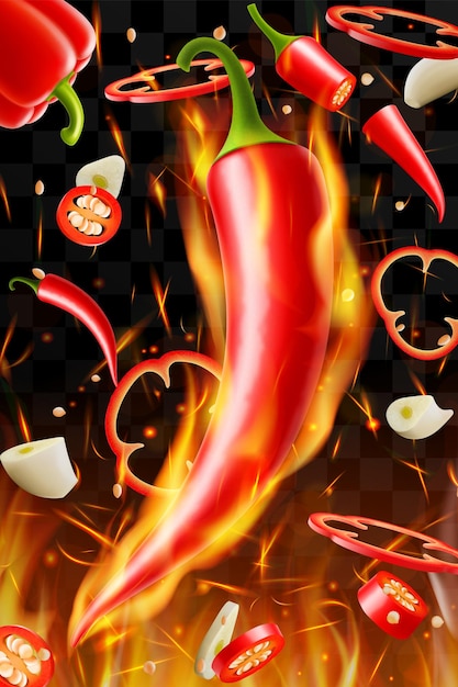 Heißer Chilischoten und Knoblauch auf dem Hintergrund des Feuers Fliegendes und brennendes Gemüse im Dunkeln