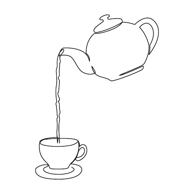 Heißer Tee gegossen aus Teekanne in Cup Line Art Vector Illustration