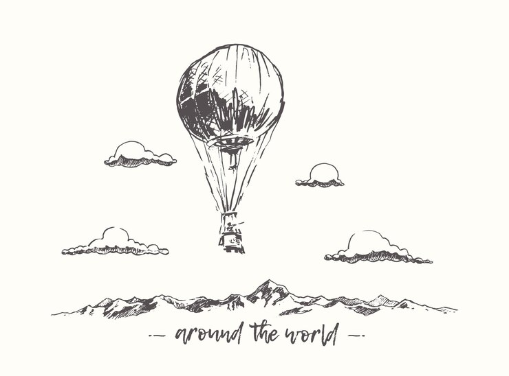 Vektor heißluftballon, der über die berge fliegt, abenteuer auf der ganzen welt, handgezeichnete vektorillustration,