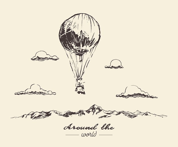 Heißluftballon, der über die berge fliegt, abenteuer auf der ganzen welt, handgezeichnete vektorillustration,