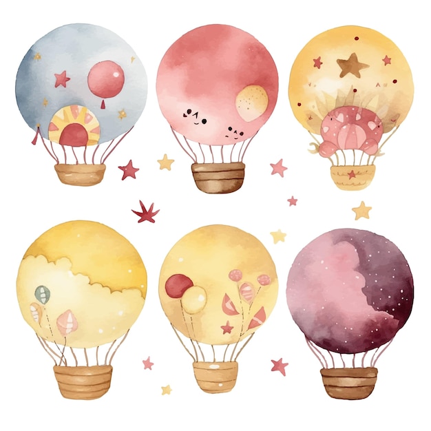 Vektor heißluftballon-designs in verschiedenen aquarell-stilen für grafikdesigner für webseiten invi