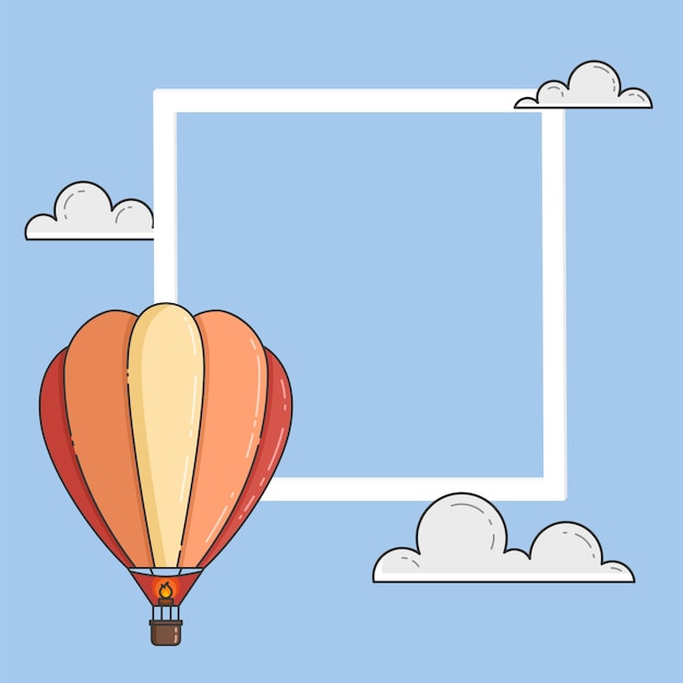 Heißluftballon im blauen himmel mit wolken, rahmen, copyspace. flache linie kunst vektor-illustration. abstrakte skyline. konzept für reisebüro, motivation, geschäftsentwicklung, grußkarte, banner, flyer