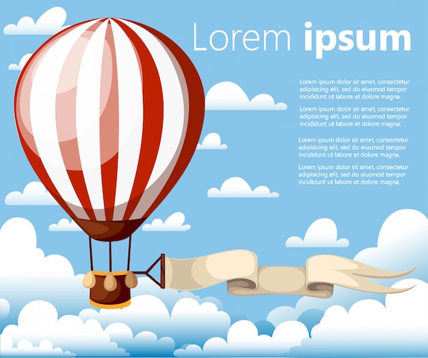 Heißluftballon. roter ballon mit band am blauen himmel. illustration mit wolken auf hintergrund. platz für ihren text. webseite und mobile app