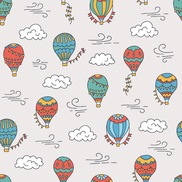 Heißluftballons und wolken. farbiges handgezeichnetes nahtloses muster. illustration