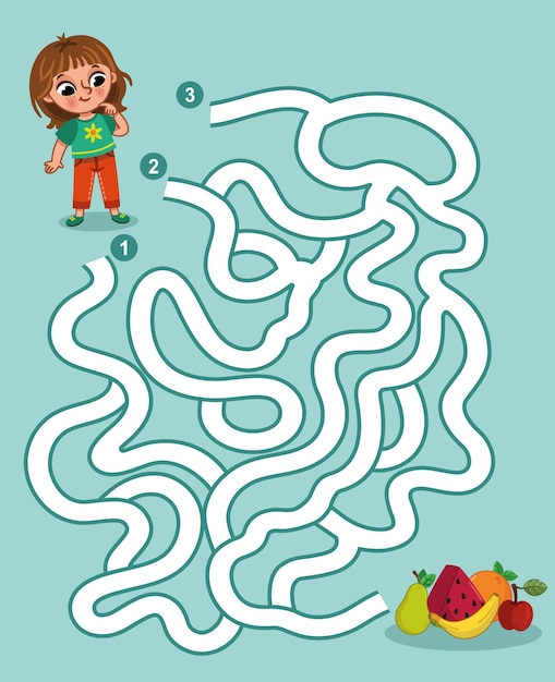 Helfen sie dem kleinen mädchen, köstliche früchte zu erreichen maze game vector illustration für kinder