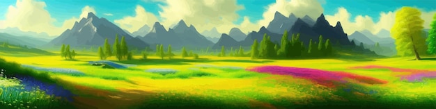 Vektor helle grüne wiesenlandschaft mit wilden blumen vor dem hintergrund hoher berge und blauen himmels mit