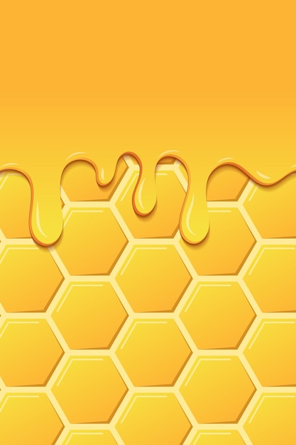 Helle Lebensmittelkarte Honig-Flyer Süßer realistischer Honig Gelbes Muster mit Waben und Honigtropfen Tropfender Honig Goldhonig sechseckige Zellenstruktur Leckere Lebensmittelkarte Vektorillustration