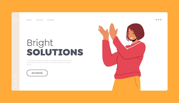 Helle Lösungen Landing Page Vorlage weibliche Figur applaudieren Unterstützung jemand Frau klatscht in die Hände Applaus Feier Gewinner Wertschätzung Körpersprache Cartoon Menschen Vektor-Illustration