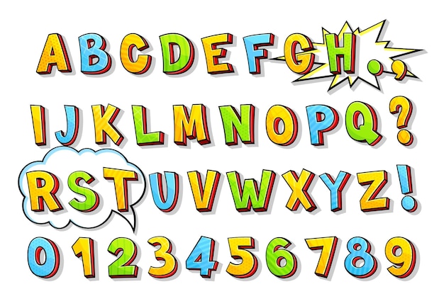 Vektor helle mehrfarbige isometrische großbuchstaben des alphabets und zahlen im cartoon-stil die elemente der modernen spielerischen schriftart für jegliche designarbeiten vektorillustrationssatz isoliert auf weißem hintergrund