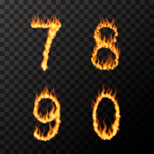 Helle realistische feuerflammen in 7 8 9 0 buchstabenform, heißes schriftkonzept auf transparent