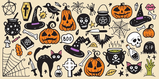 Helle sammlung von halloween-aufkleber-skizzensatz großes set von handgezeichneten doodles